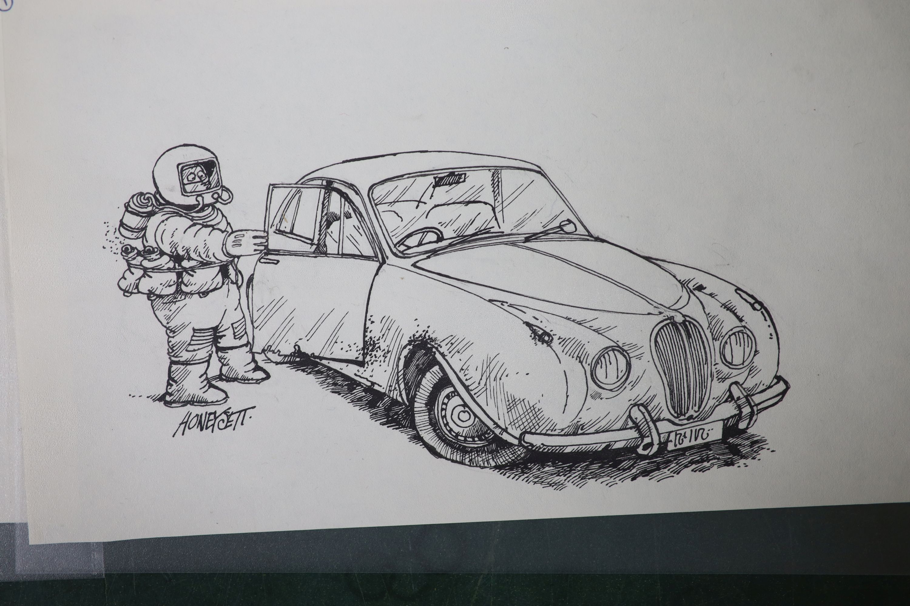 Martin Honeysett (b.1943-), five original cartoons, Tx Tripper, 'Old Volks..' (Kitcars June 82), Jaguar Mk2, fluffy car (Kitcars April 82) and small engine, signed, 20.5 x 30cm, unframed.